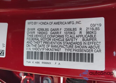 2019 Honda Accord Lx z USA, uszkodzony, nr VIN 1HGCV1F14KA074427